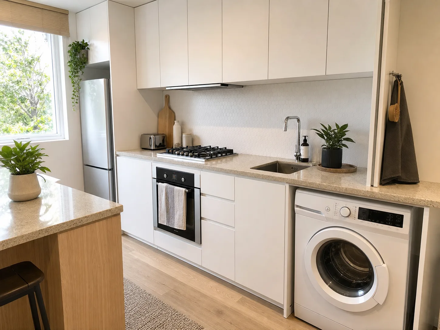 Bright apartment kitchen with visible cooking space and in-unit washer