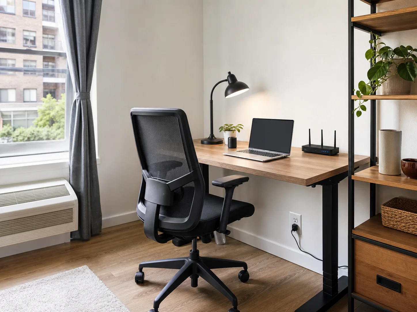 Bright apartment work corner with desk, chair, outlet, and router