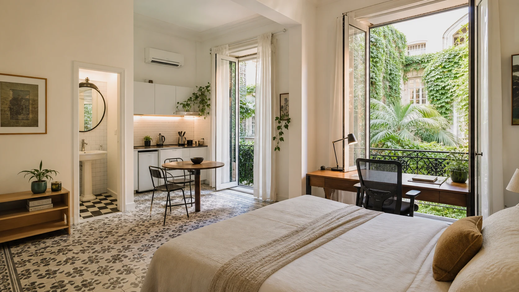 Sample cover photo showing a bright long-stay apartment with a real work setup, natural light, kitchen visibility, and quiet courtyard context.